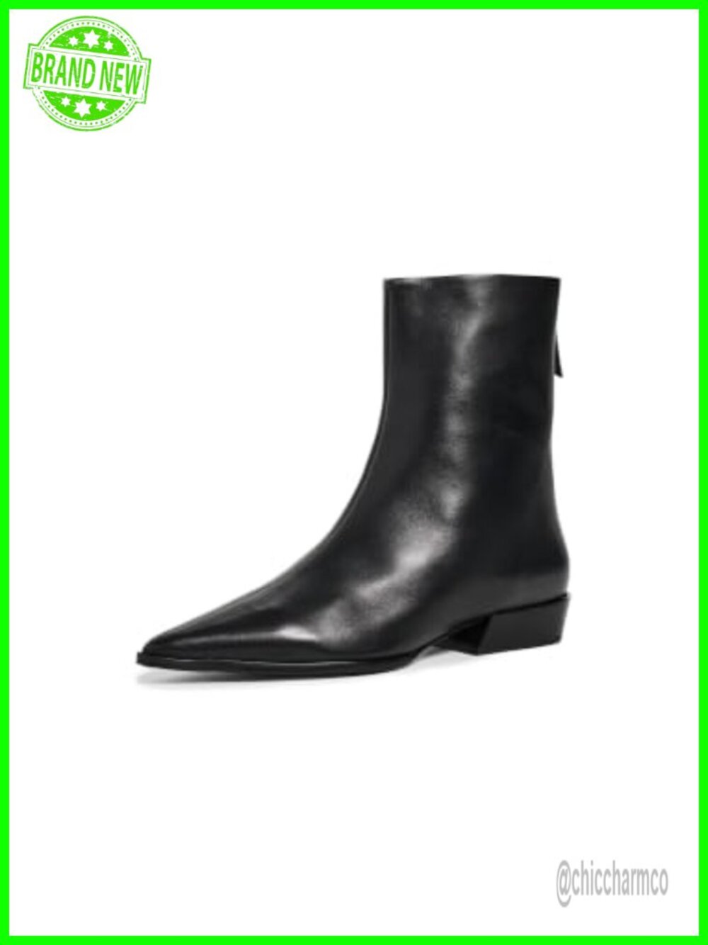 Leather Pointed Toe Ankle Booties Stacked Heel Zip Closure
